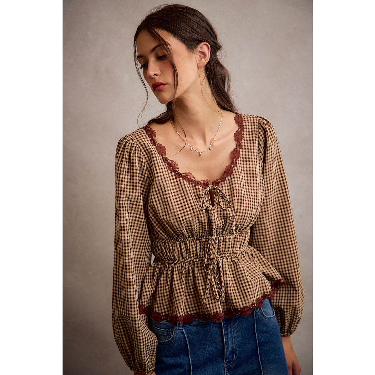 Gingham Lace Trim Bodice Top