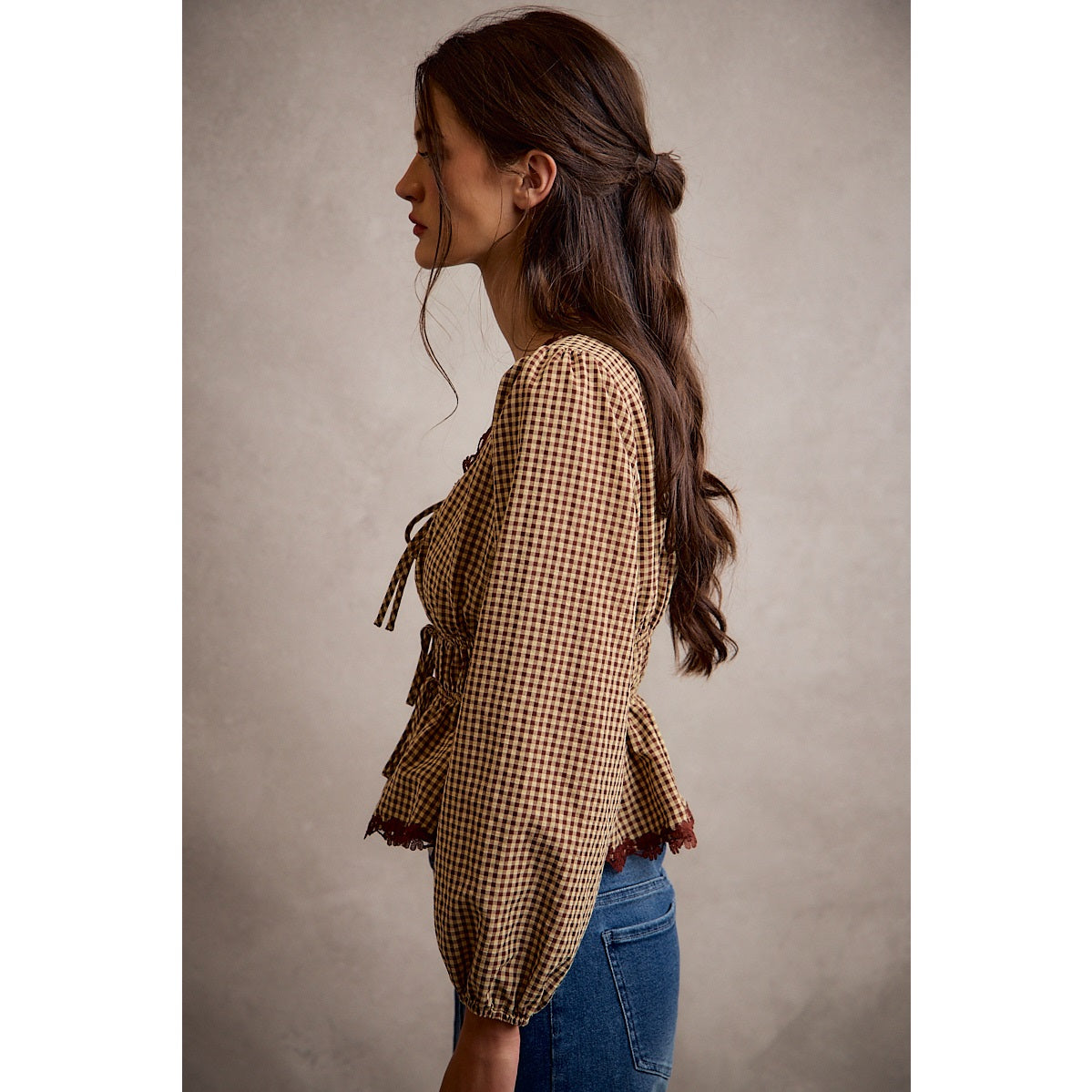 Gingham Lace Trim Bodice Top