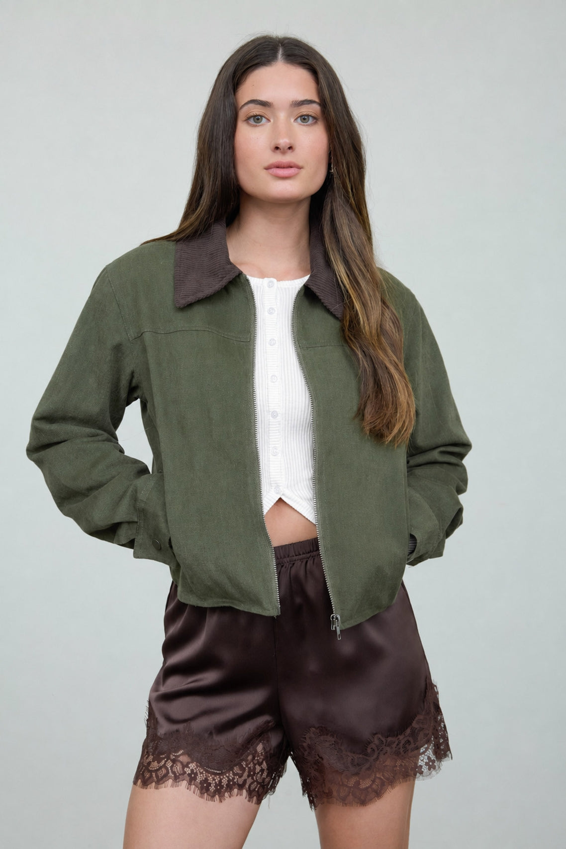 Contrast Corduroy Collar Zip Jacket