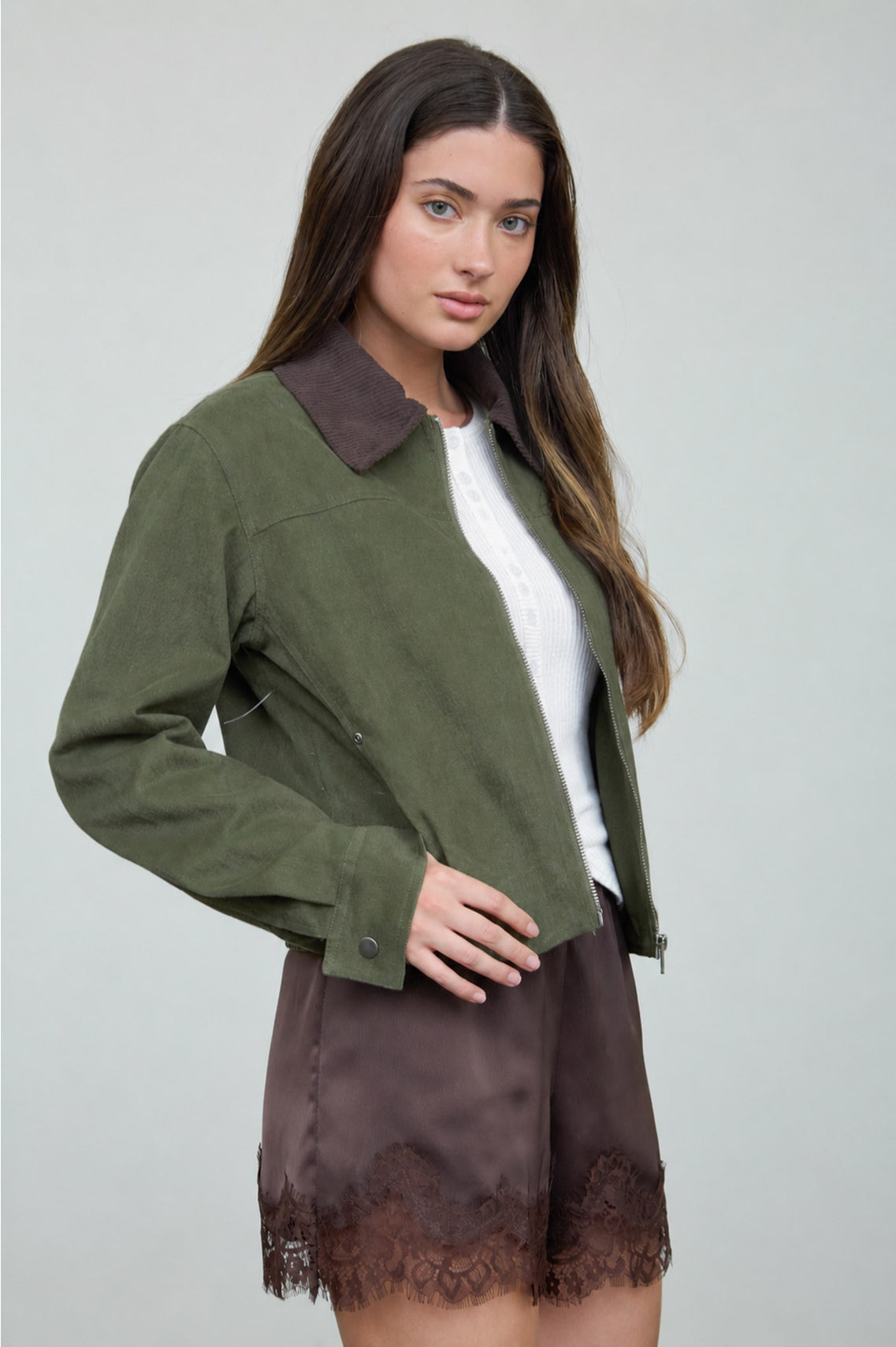 Contrast Corduroy Collar Zip Jacket