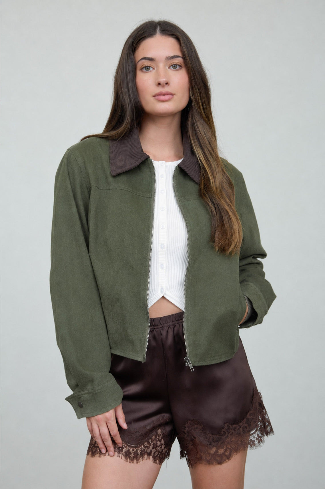 Contrast Corduroy Collar Zip Jacket