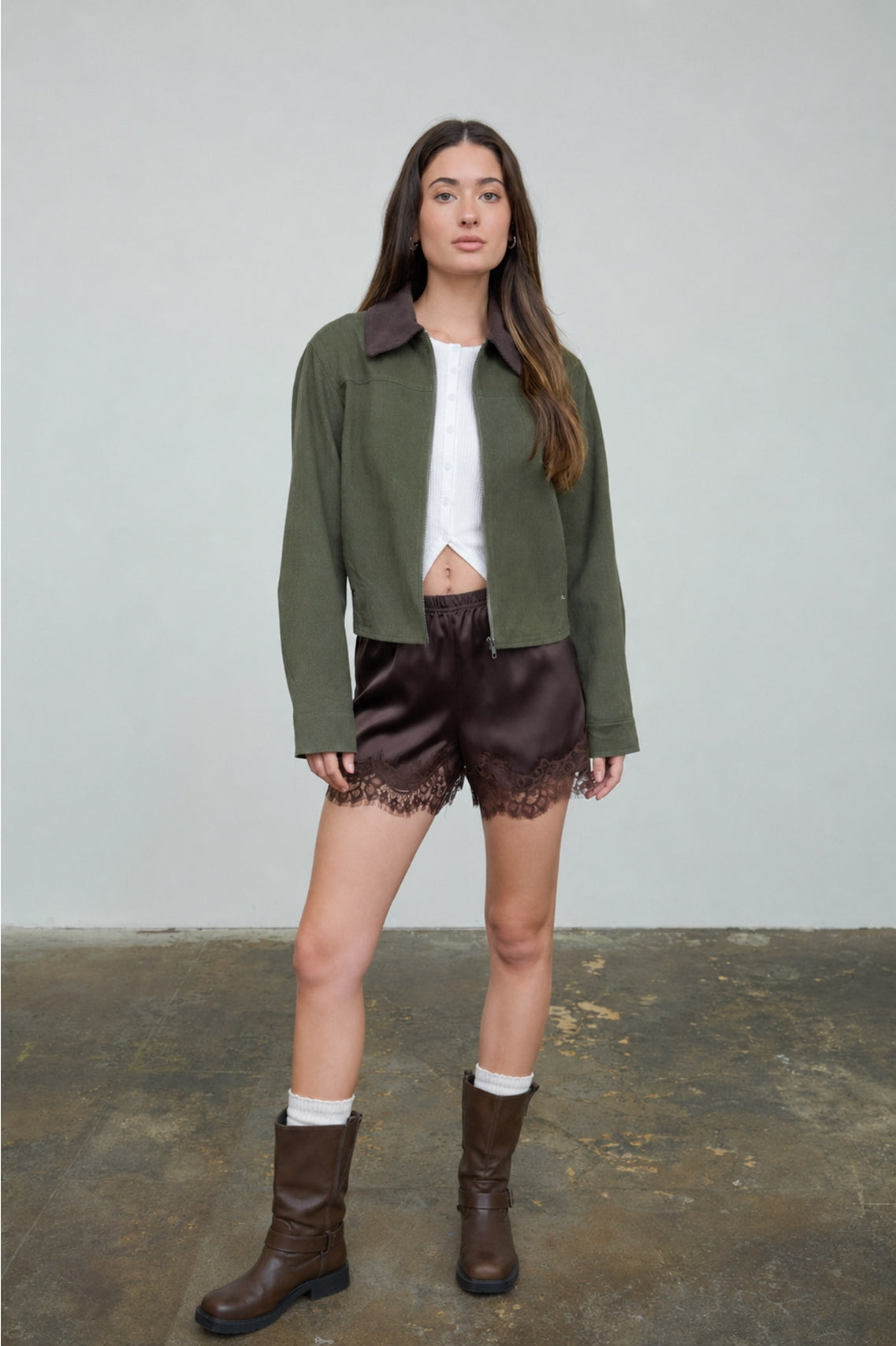 Contrast Corduroy Collar Zip Jacket