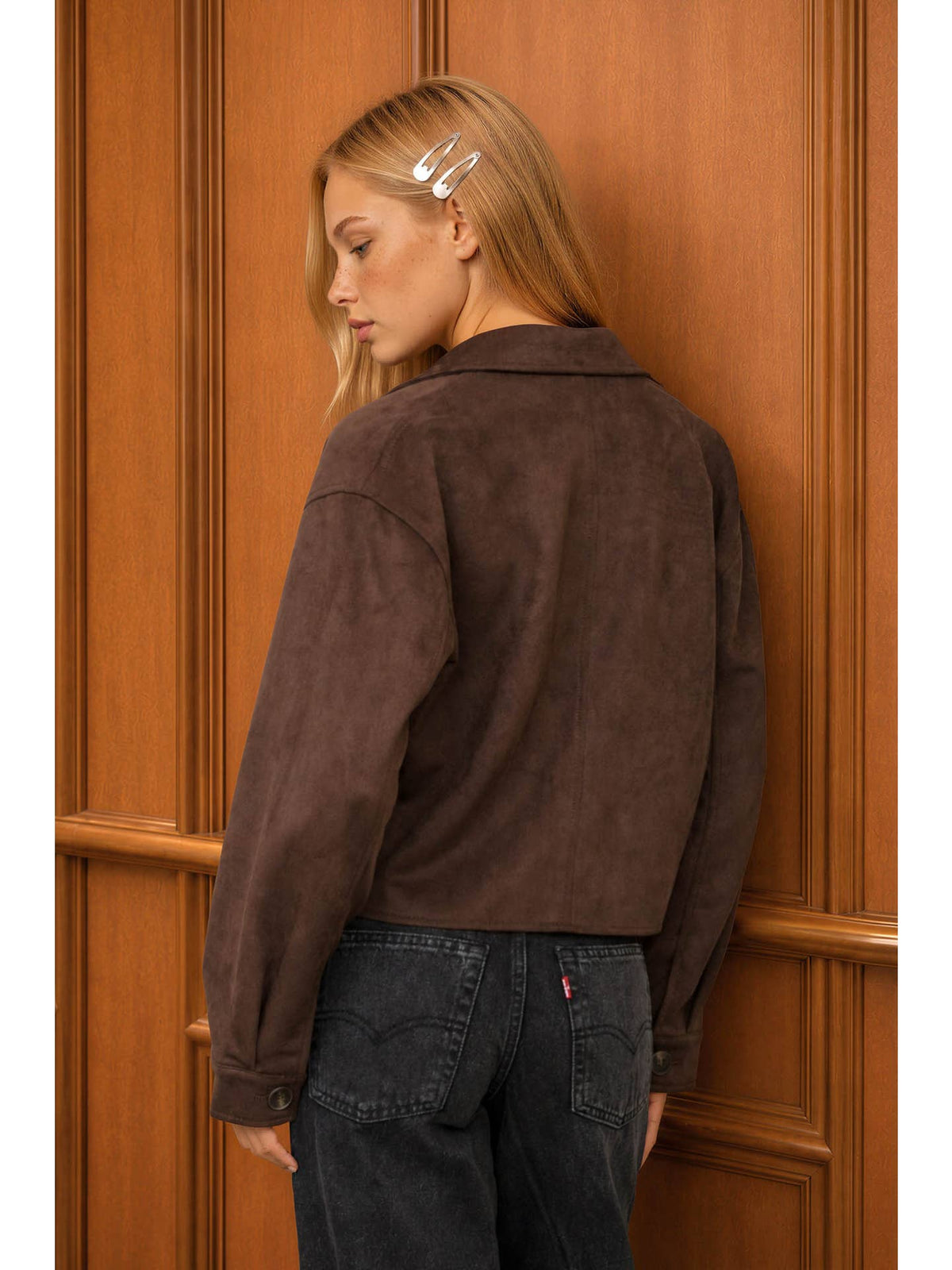 Suede Collared Button Crop Jacket
