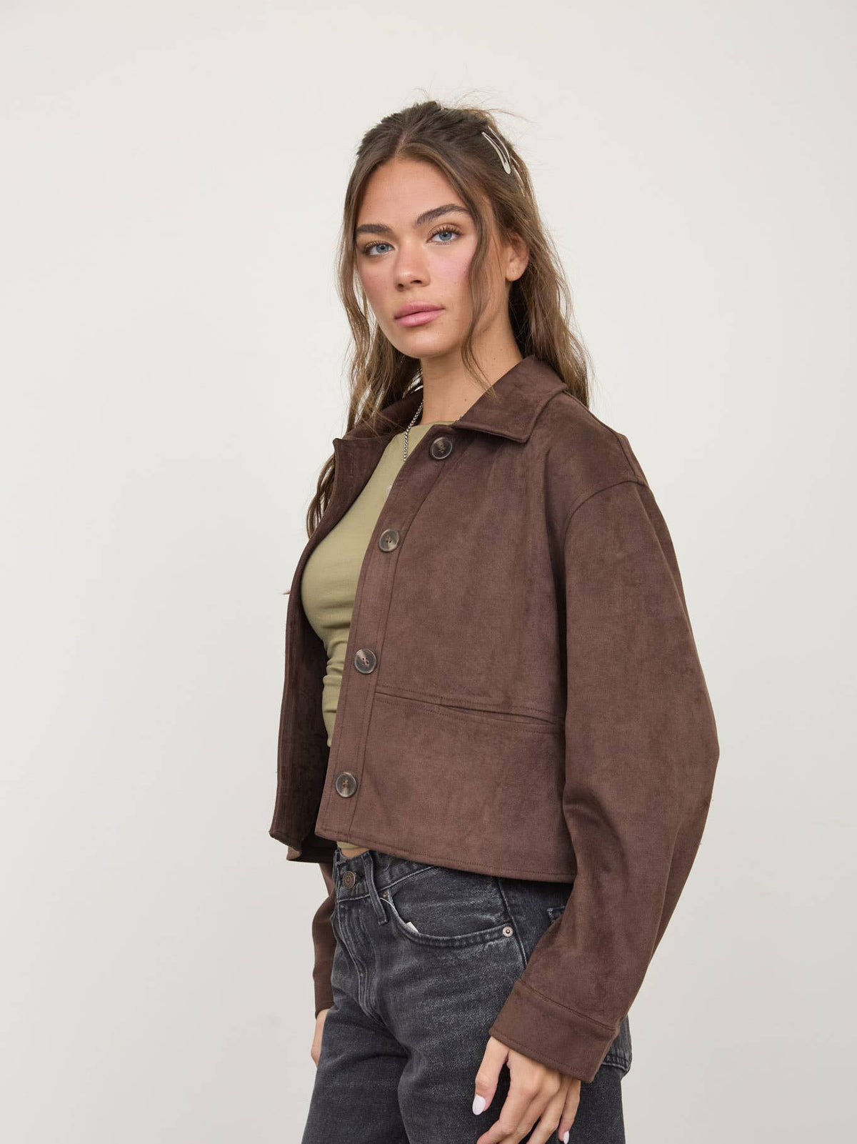 Suede Collared Button Crop Jacket