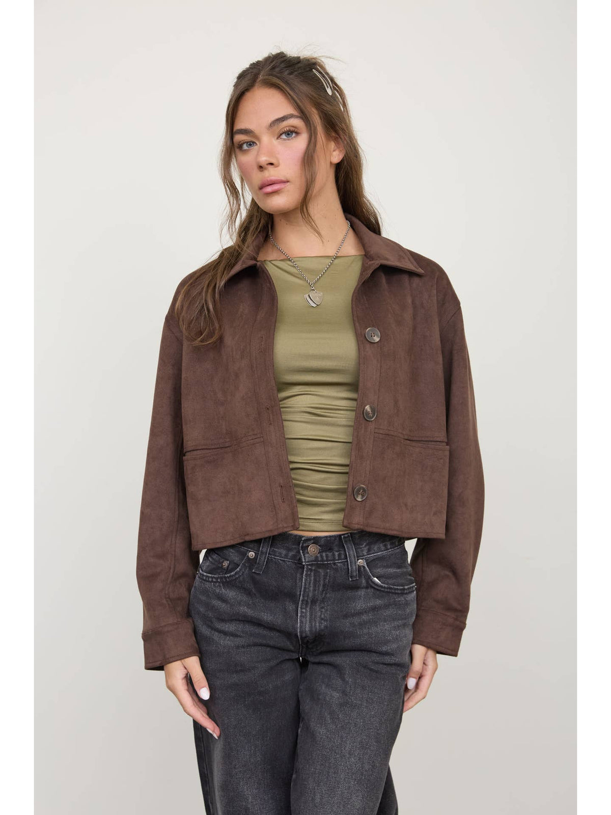 Suede Collared Button Crop Jacket