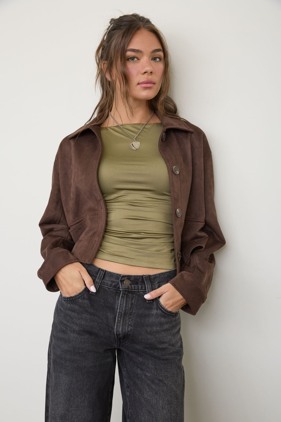 Suede Collared Button Crop Jacket