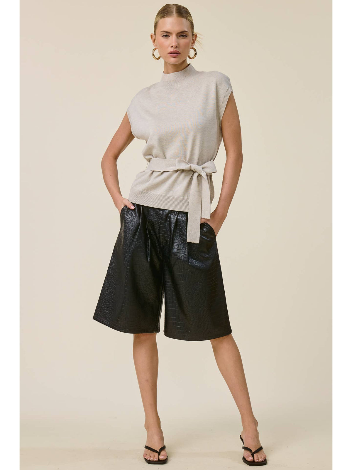 Mock Neck Belted Sweater Vest