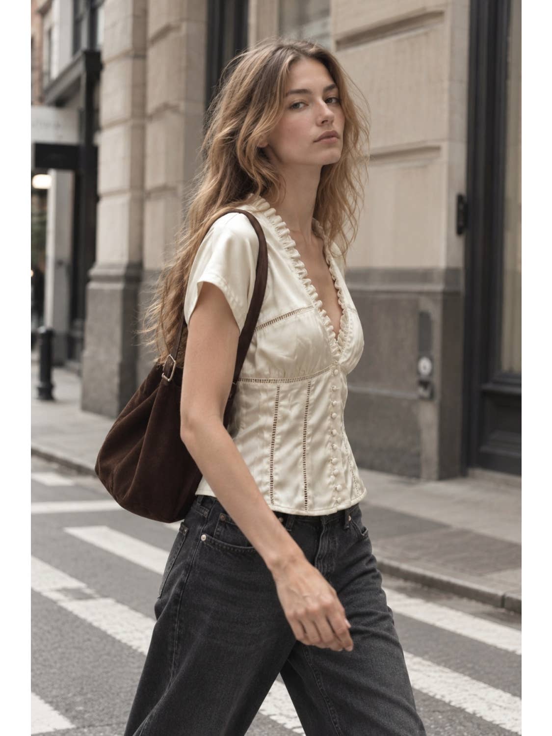 Satin Lace Inset V-Neck Top