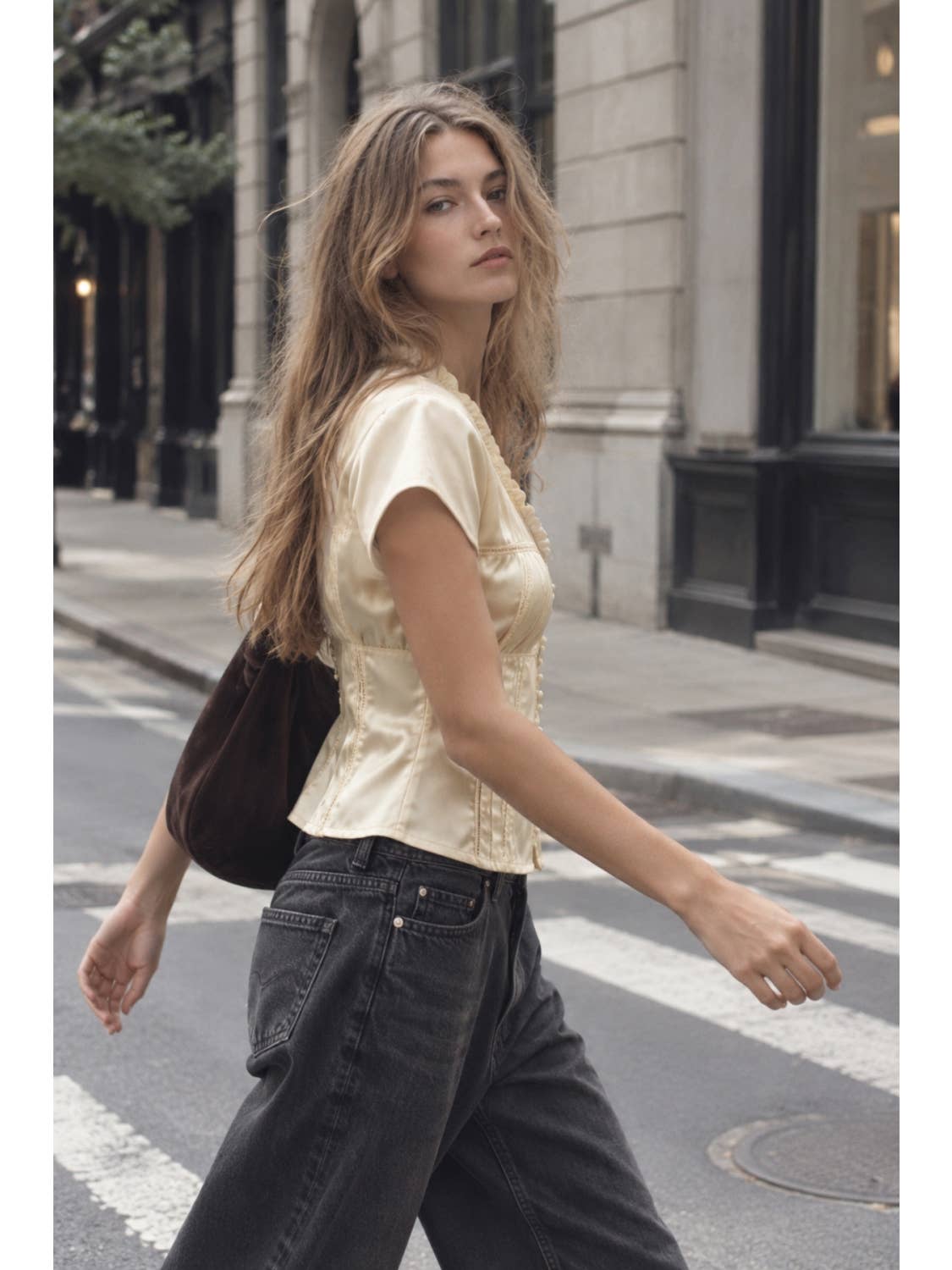 Satin Lace Inset V-Neck Top