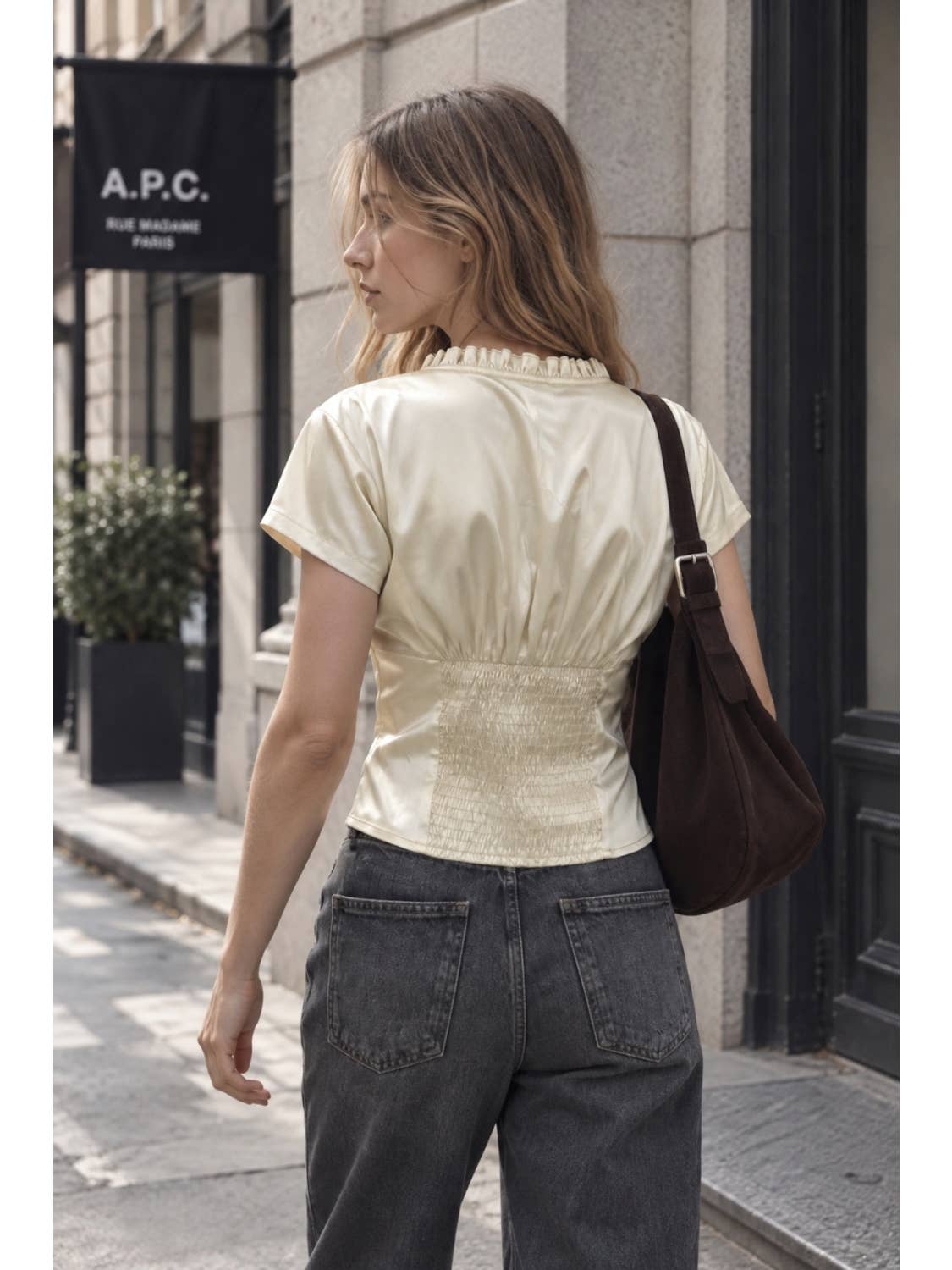 Satin Lace Inset V-Neck Top