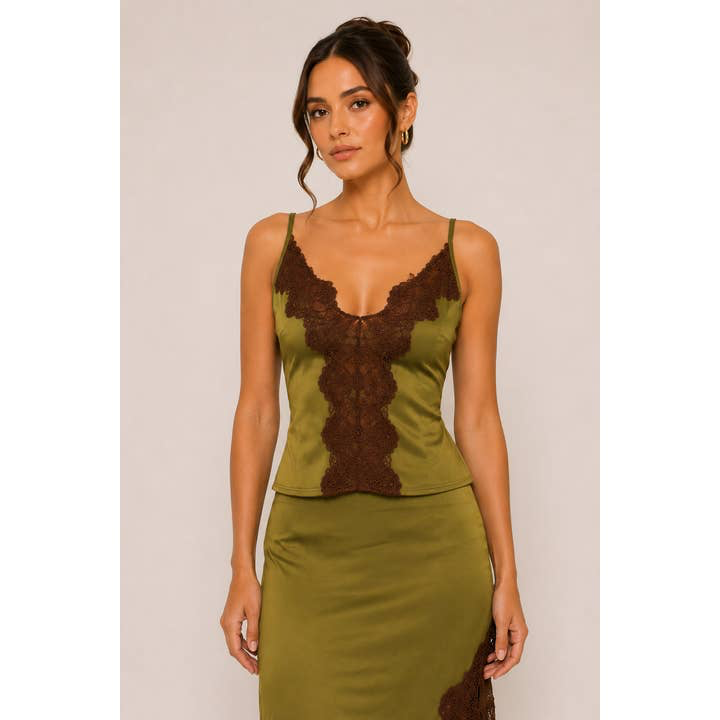 Olive Lace Trim Satin Cami Top
