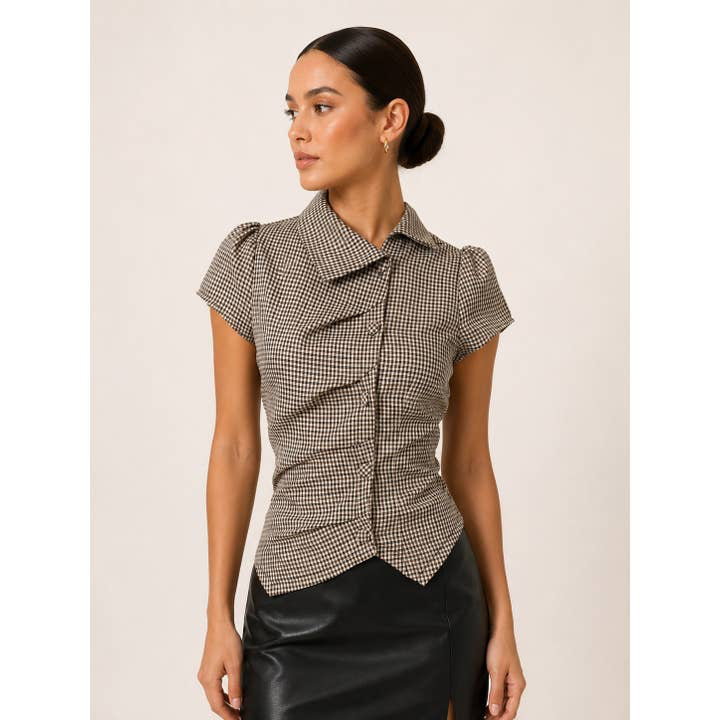 Asymmetric Plaid Collar Top