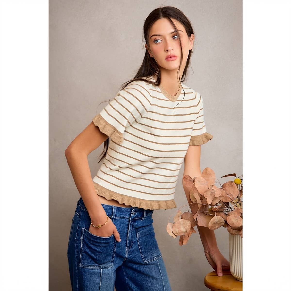 Stripe Ruffled Short Sleeve Sweater