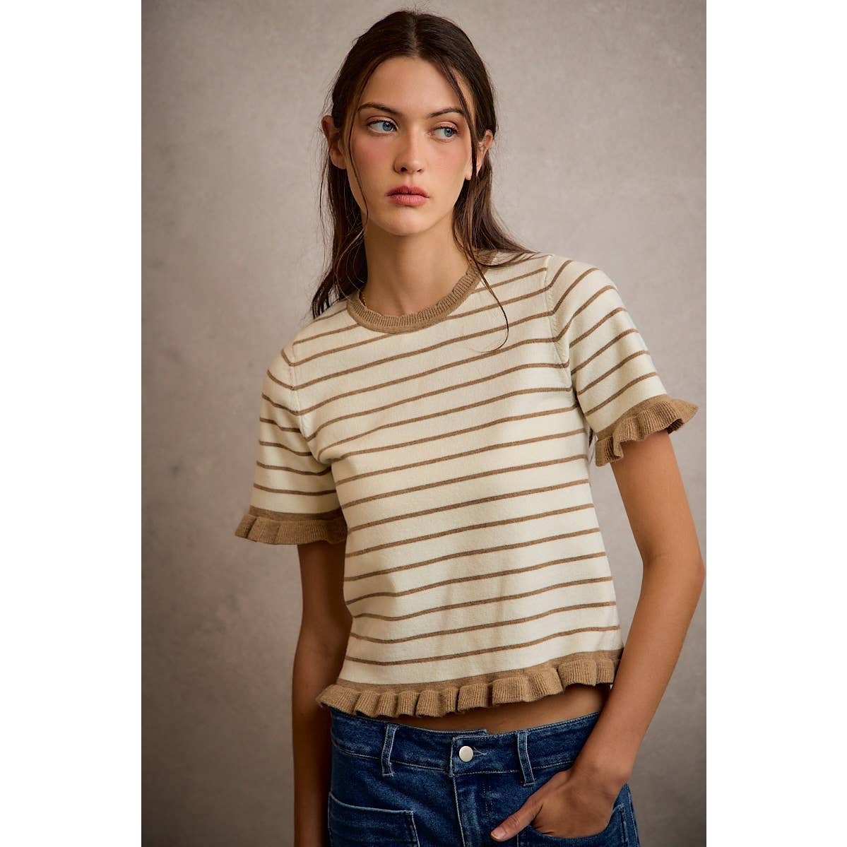 Stripe Ruffled Short Sleeve Sweater