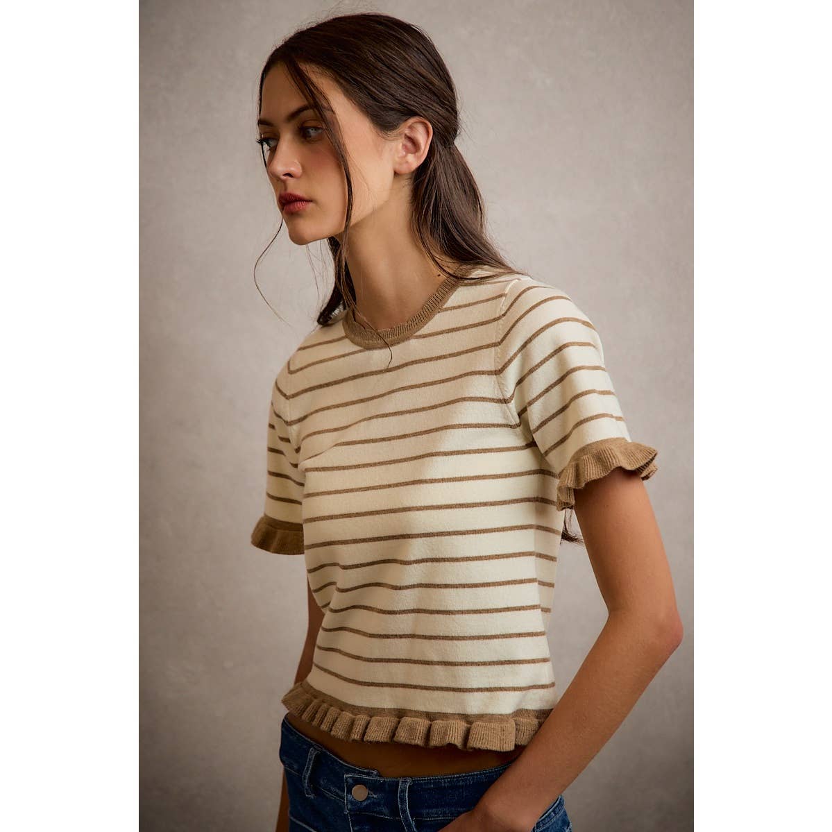 Stripe Ruffled Short Sleeve Sweater