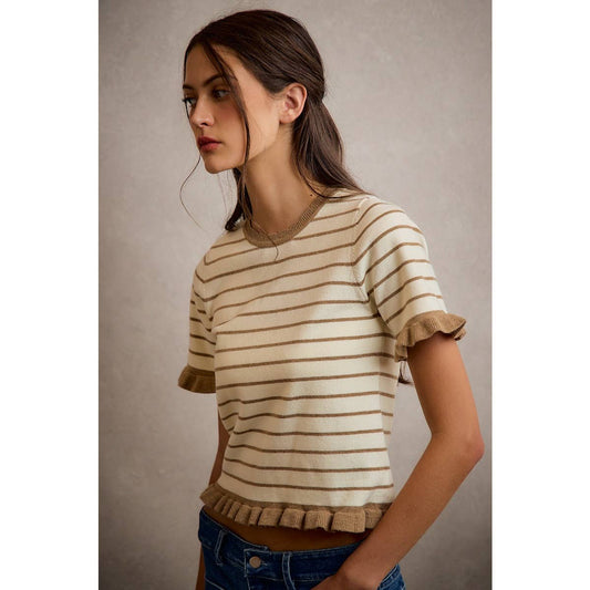 Stripe Ruffled Short Sleeve Sweater
