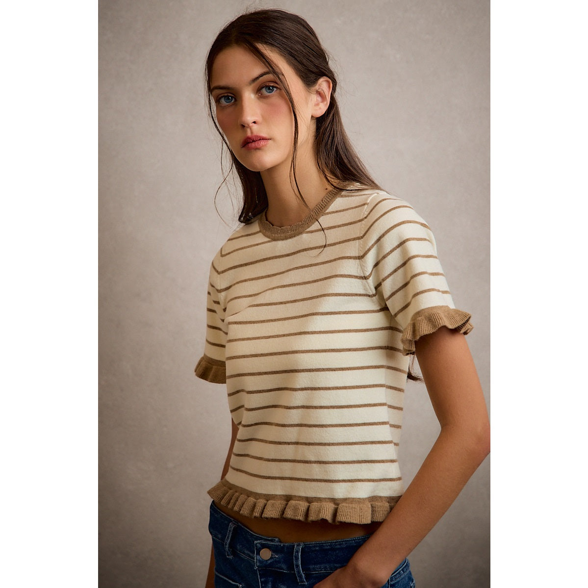Stripe Ruffled Short Sleeve Sweater