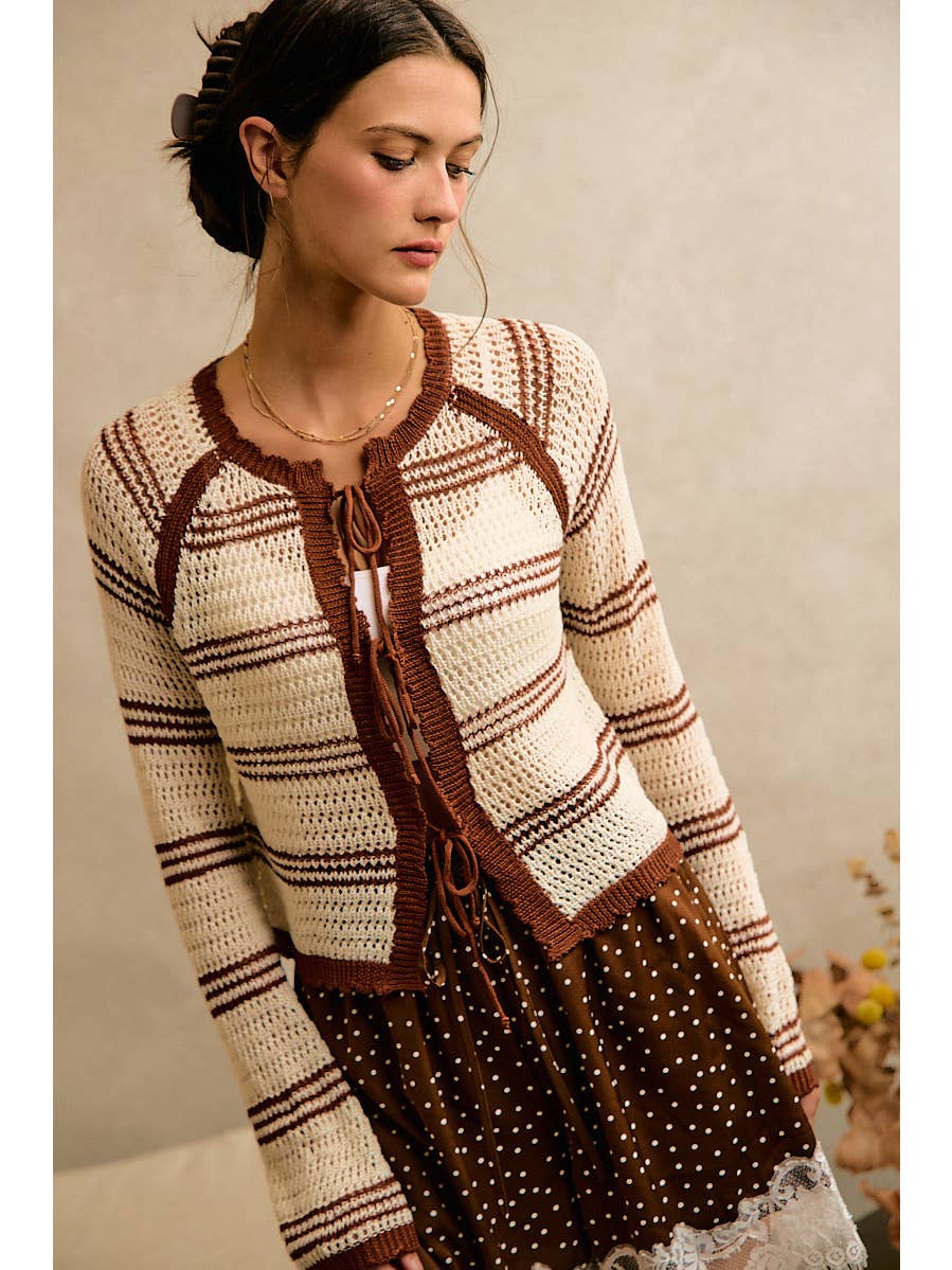 Stripe Open Knit Tie Sweater Top