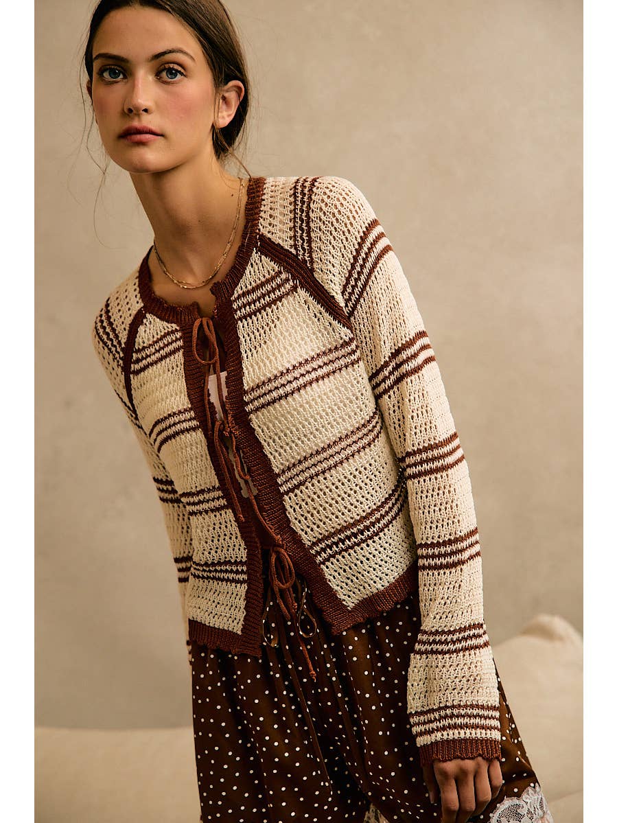 Stripe Open Knit Tie Sweater Top