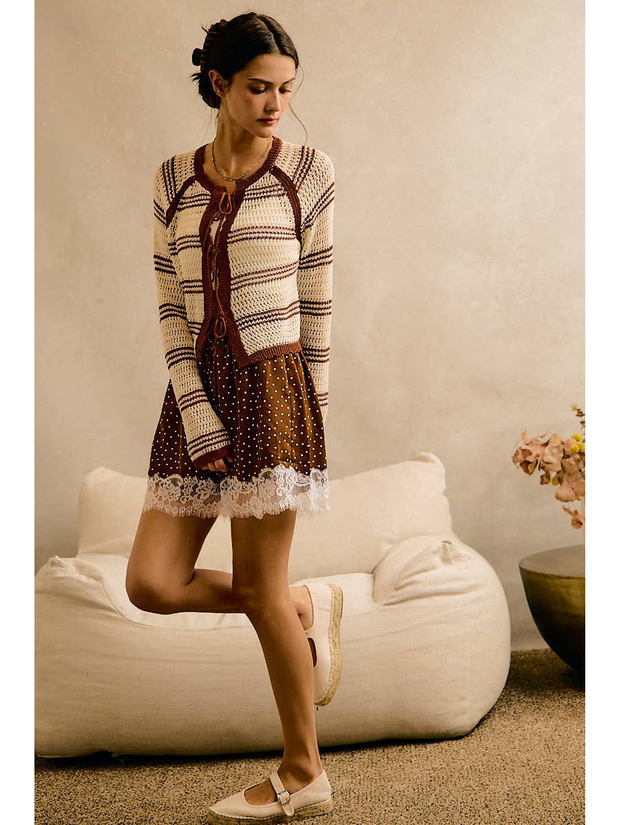 Stripe Open Knit Tie Sweater Top
