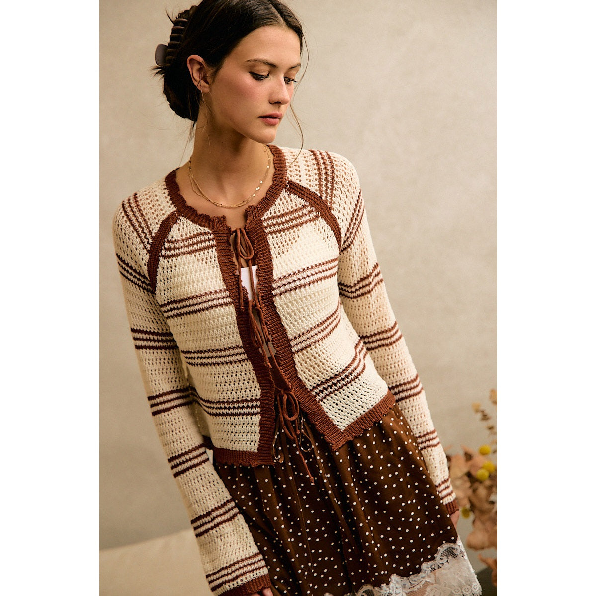 Stripe Open Knit Tie Sweater Top