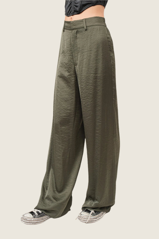 Olive Satin Wide Leg Trouser Pants