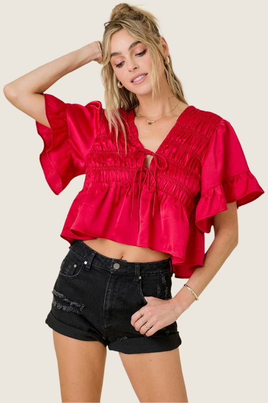 Red Ruffle Hem Satin Tie Top