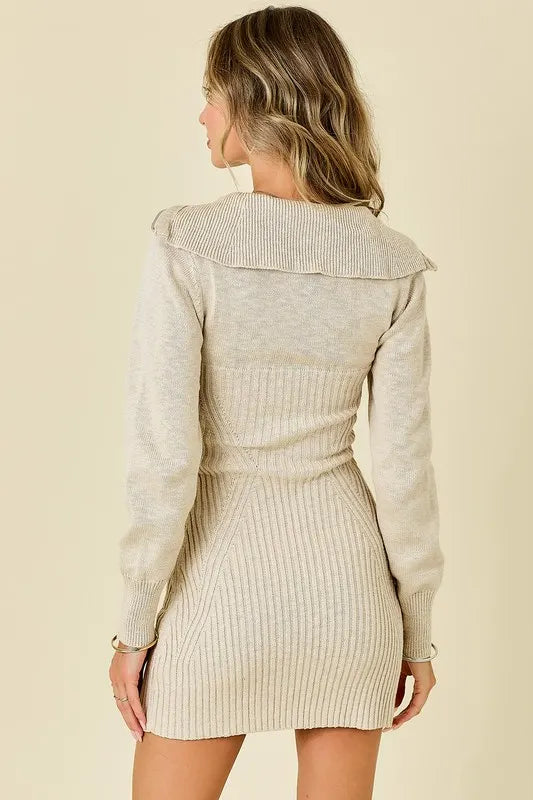 Cream Zip & Collar Sweater Dress