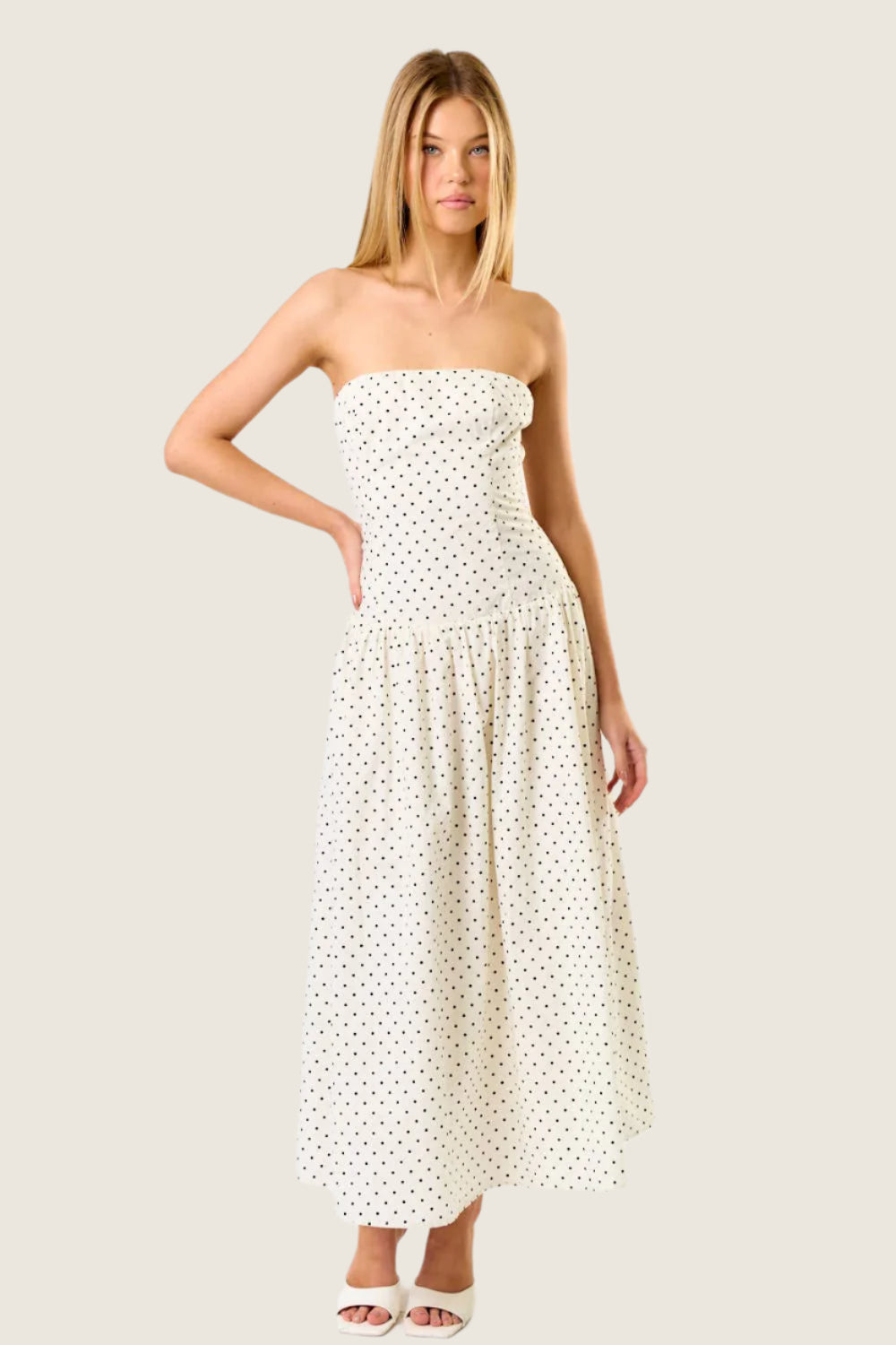 Polka Dot Cream Midi Strapless Dress
