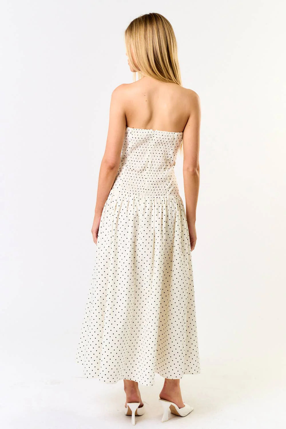 Polka Dot Cream Midi Strapless Dress