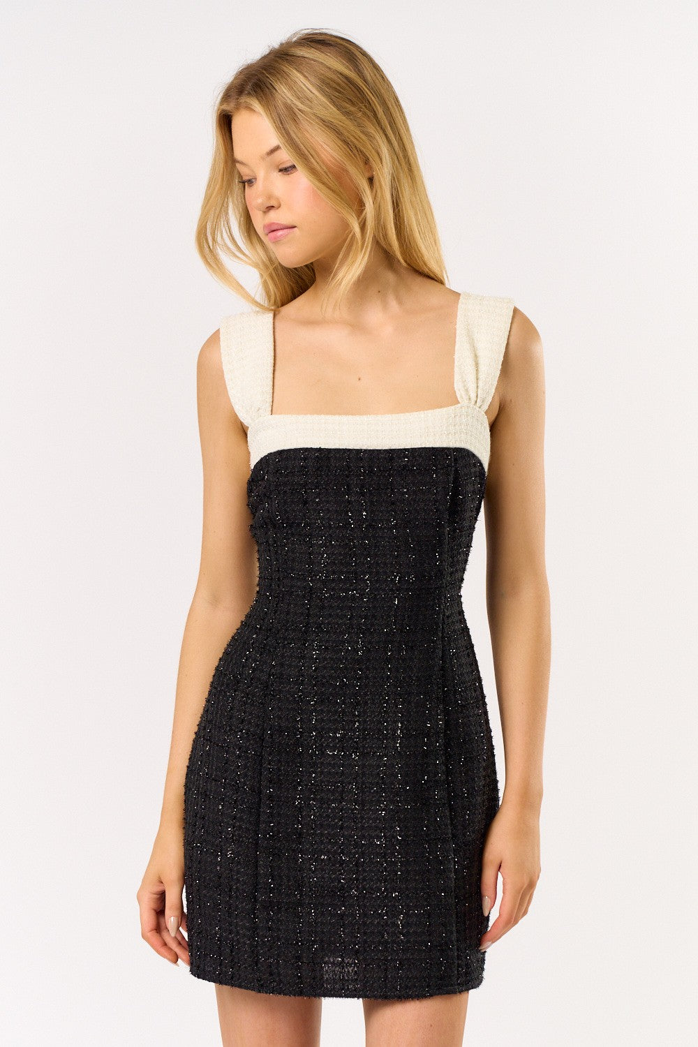 Black Tweed Sparkle Mini Contrast Dress