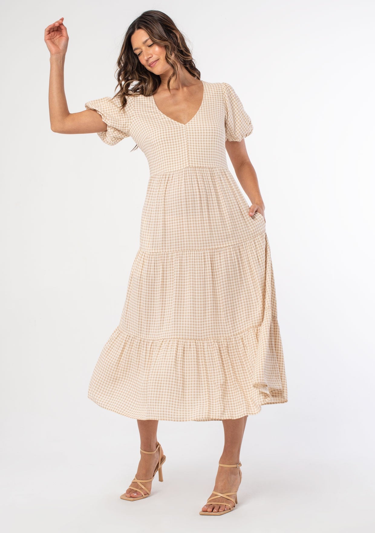 Gingham Linen Puff Sleeve Midi Dress