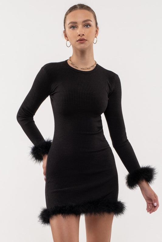 Black Feather Trim Mini Dress