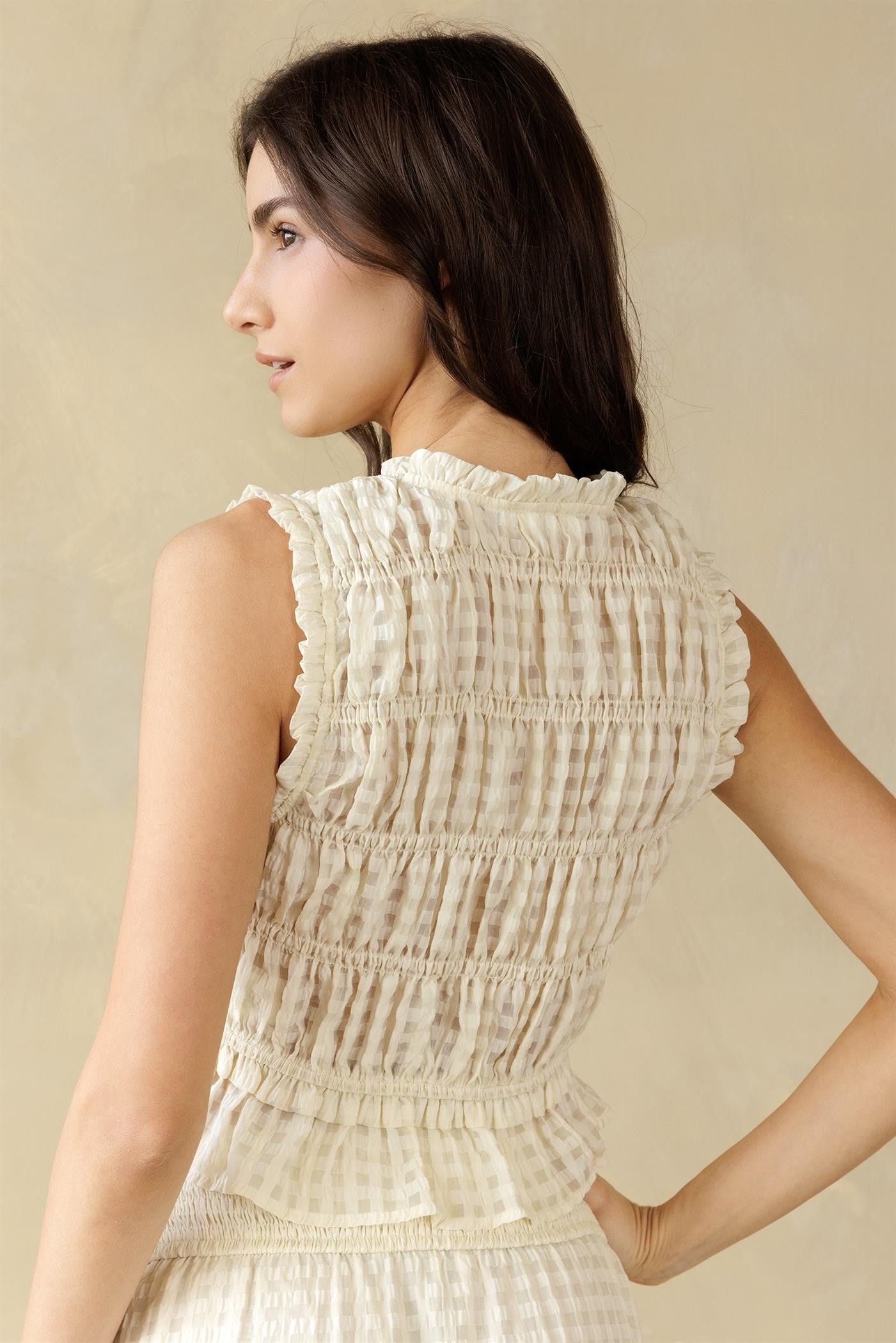 Cream Gingham Flutter Top