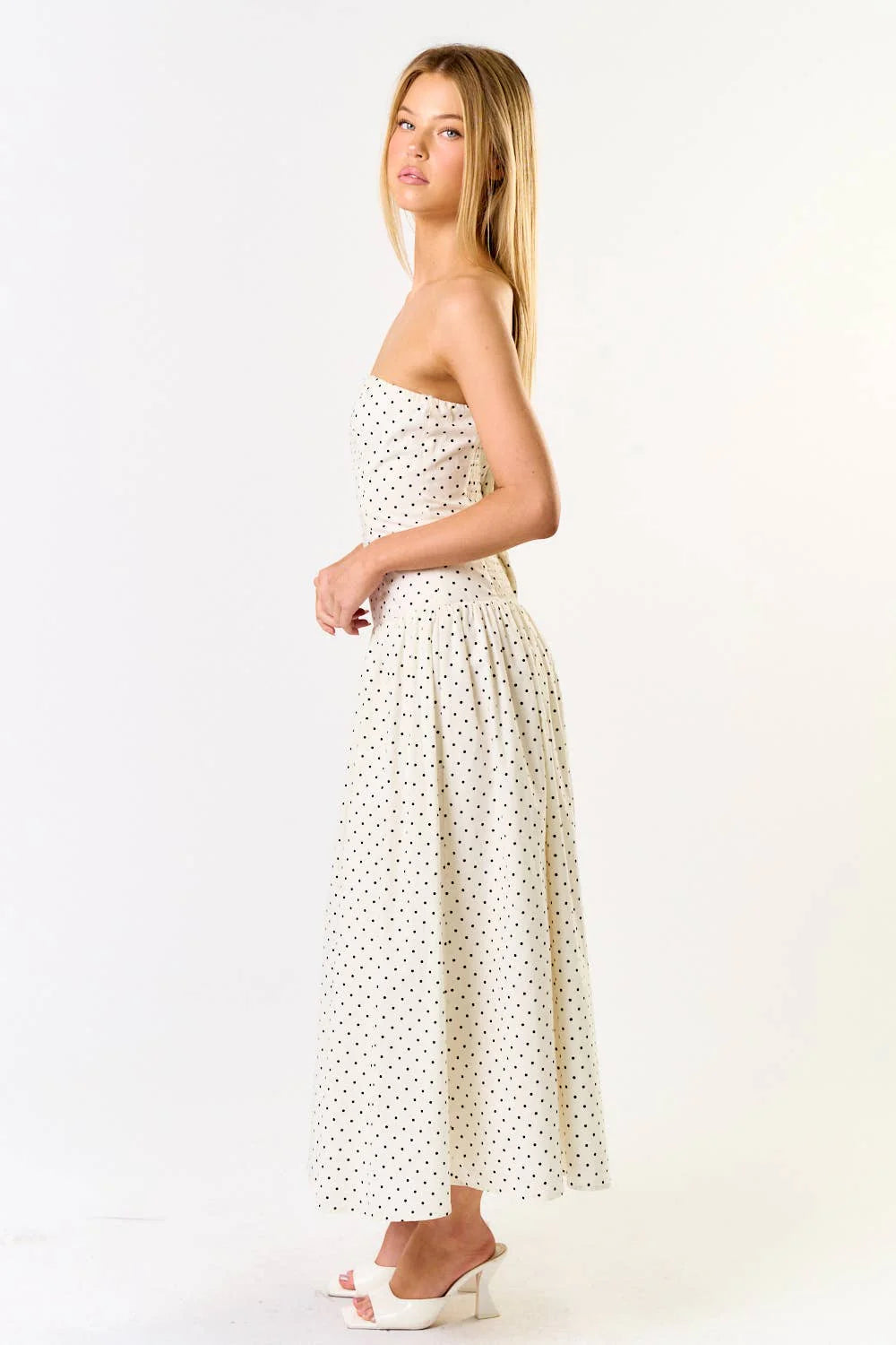 Polka Dot Cream Midi Strapless Dress