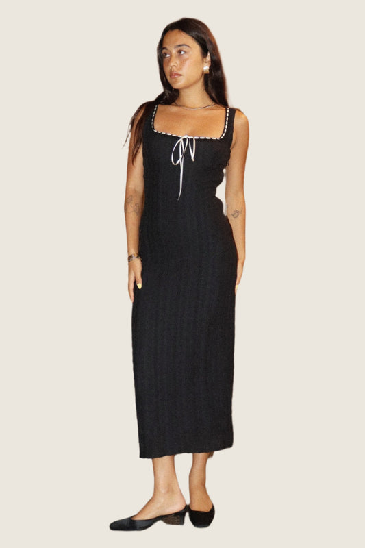 Textured Black Ribbon Trim Fitted Dress