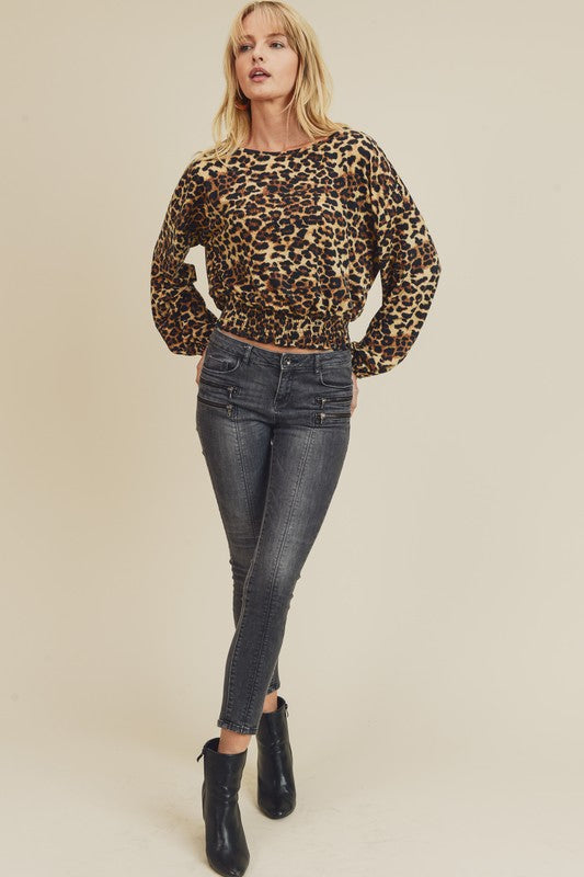 JANICE LEOPARD TOP,Tops,BALLOON SLEEVE, BLOUSE, CROPPED, ELASTIC, LEOPARD PRINT, LONG SLEEVE- DEFIANT