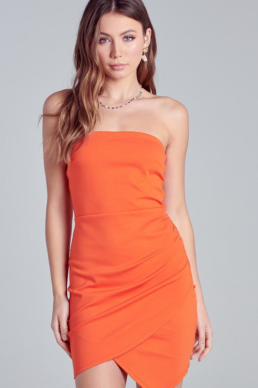 Wrapped Tube Orange Dress,Dresses,ASYMMETRICAL, BODYCON, DRESSY, FITTED, GOING OUT, MINI, SOLID, STRAPLESS- DEFIANT