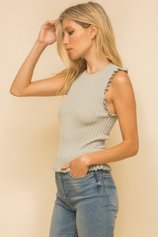 Frill Knit Ruffle Top,Tops,BASIC, CROPPED, HIGHNECK, KNIT, RIBBED, RUFFLE, SLEEVELESS, SPRING, SUMMER, TANKS- DEFIANT