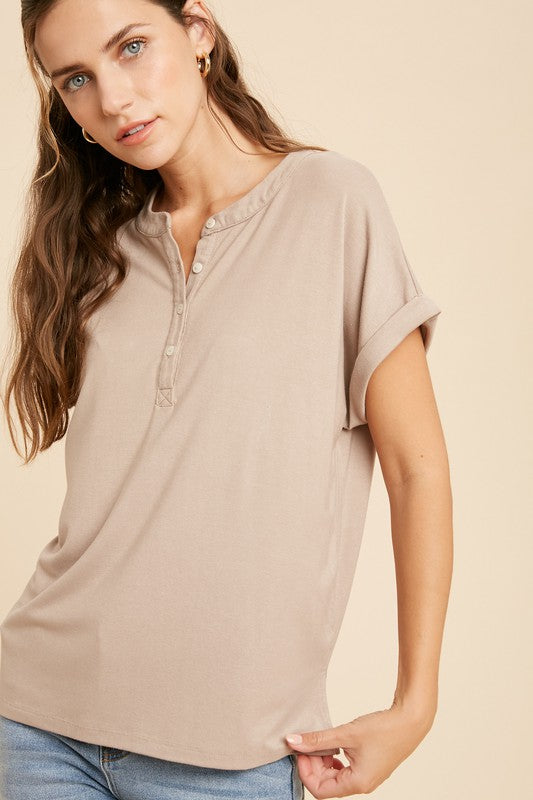 Henley Knit Top,Tops,BASIC, BASICS, Buttons, SHORT SLEEVE, SOLID- DEFIANT