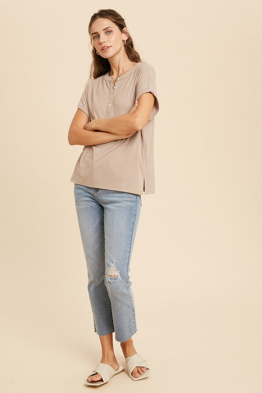 Henley Knit Top,Tops,BASIC, BASICS, Buttons, SHORT SLEEVE, SOLID- DEFIANT