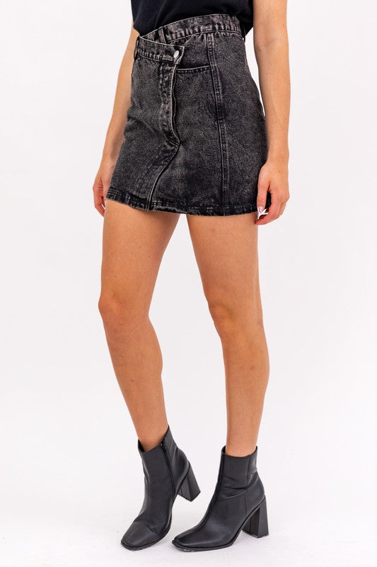 Jagger Washed Black Denim Skirt (Size Small),Bottoms,ASYMMETRICAL, BLACK DENIM, CASUAL, DENIM, MINI, MINI SKIRT- DEFIANT