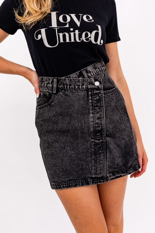 Jagger Washed Black Denim Skirt (Size Small),Bottoms,ASYMMETRICAL, BLACK DENIM, CASUAL, DENIM, MINI, MINI SKIRT- DEFIANT