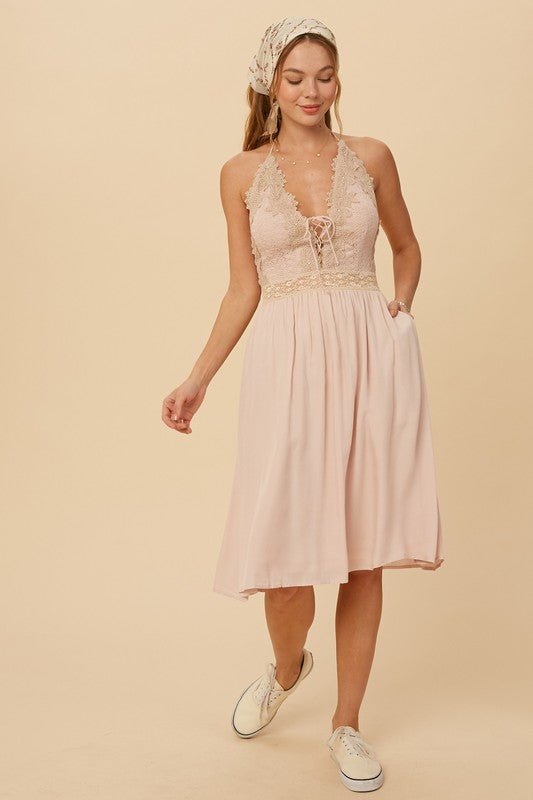STELLA DRESS,Dresses,BOHO, CASUAL, EMBROIDERED, HALTER, KNEE LENGTH, LACE- DEFIANT
