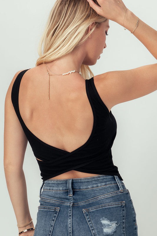 Crossed Back Built in Bra Tank Top,Tops,BASIC, CROPPED, OPEN BACK, PADDING, SLEEVELESS, SOLID, TANK- DEFIANT