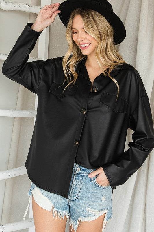 Lightweight Faux Shacket,Tops,BUTTON DOWN, Faux Leather, LONG SLEEVE, SHACKET- DEFIANT