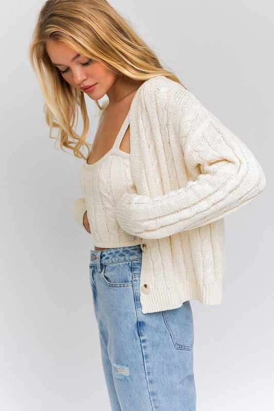 Cream Cardigan & Cami Set,Tops,CABLE KNIT, CARDIGAN, SWEATER, SWEATERS- DEFIANT