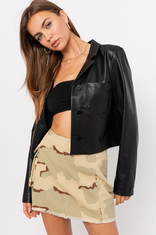 Black Leather Crop Jacket,Tops,CROPPED, Faux Leather, JACKET, LEATHER- DEFIANT