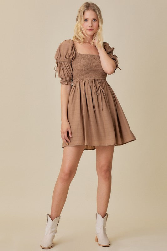 Neutral Brown Pocket Dress,Dresses,CASUAL DRESSES, SMOCKED- DEFIANT