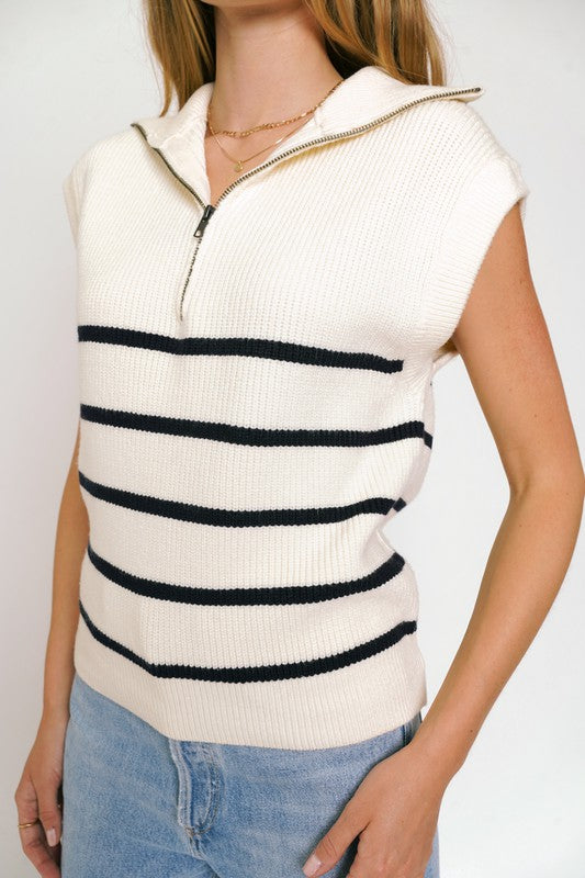 Stripe Half Zip Sweater Top,Tops,COLLARD, STRIPES, SWEATER, SWEATERS- DEFIANT